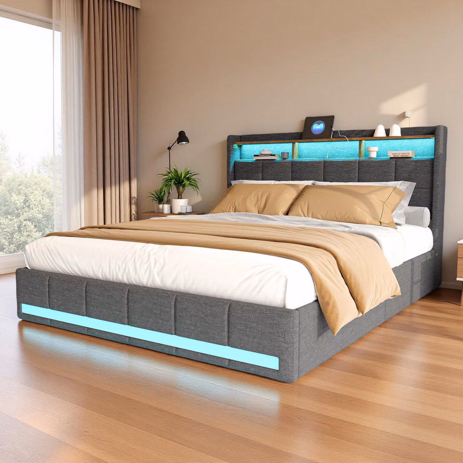 Letto imbottito ProximaX 180x200 cm - Biancheria grigia, 4 cassetti, illuminazione LED, connessione USB e Type-C - Ideale per camere da letto