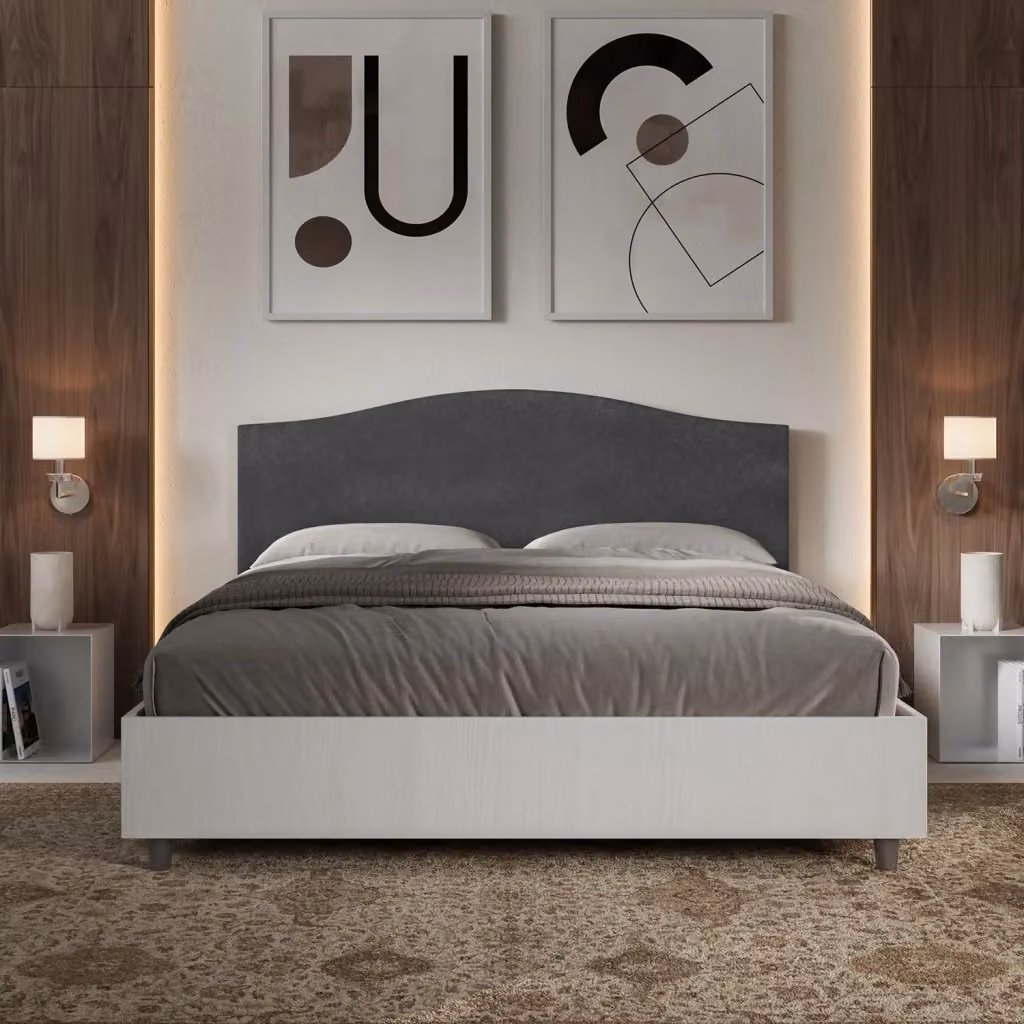 Letto Matrimoniale con Contenitore a Alzata Giordanoshop in Legno Bianco Frassico e Testata in Microfibra Grigia L/P/H: 160 x 198 x 115 cm – 2
