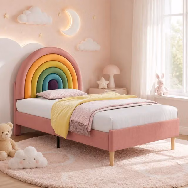 Letto singolo Mivray in velluto rosa con testiera imbottita e rete a doghe in legno, L/P/H: 90 x 200 x 123,5 cm
