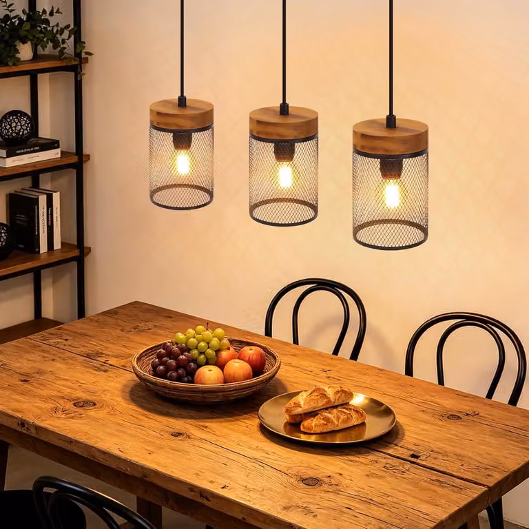 Lampada a sospensione ZMH, ideale per tavoli da pranzo, con 3 luci, in legno. Lampada a sospensione E14, stile industriale, adatta per tavoli da pranzo, salotti, sale da pranzo e cucine. Colore: nero
