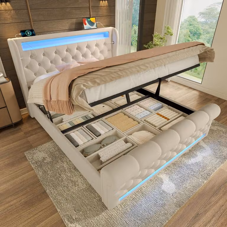 Letto imbottito 160x200 cm con LED, porte USB e di tipo C, contenitore a sollevamento idraulico rivestito in velluto beige, con testiera e cassettiera