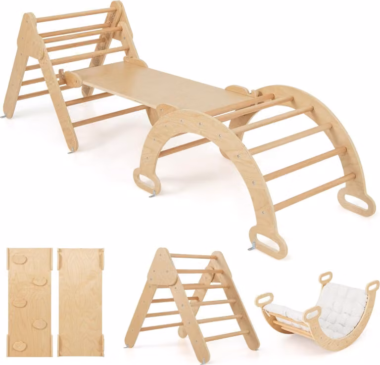 Set di arrampicata in legno con scivolo e rampa reversibile