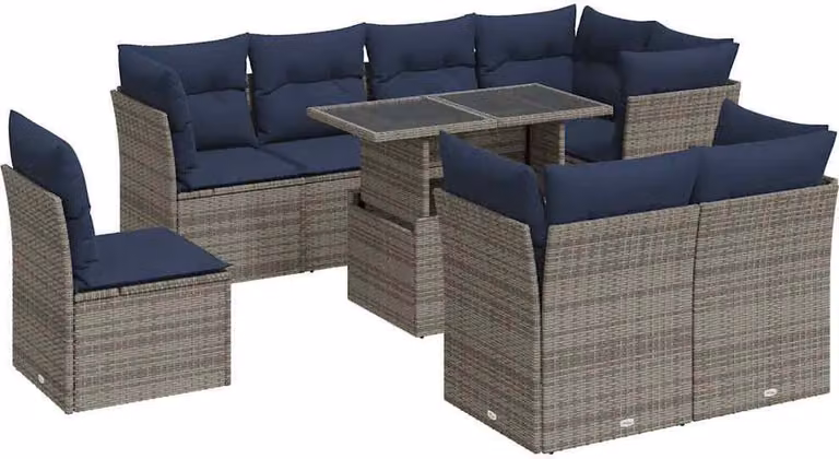 Set Divano da Giardino 9pz con Cuscini Grigio Polyrattan Acacia