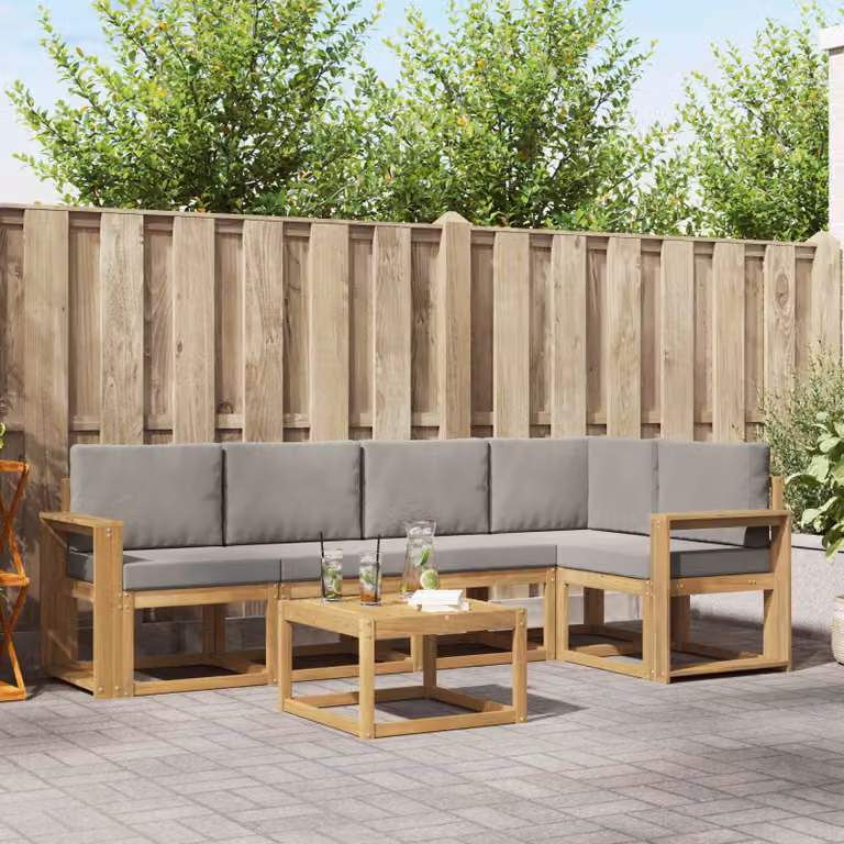 vidaXL Set di divani da esterno a L in legno di acacia con tavolo da caffè, 6 pezzi, Bianco, Grigio e Marrone
