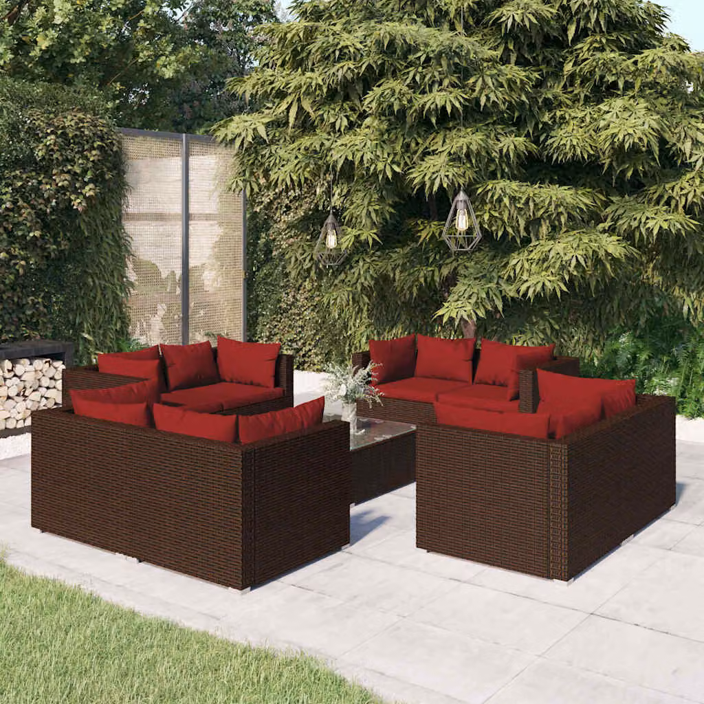 Set di divani da giardino vidaXL 9 pz in rattan marrone con cuscini e tavolino da esterno