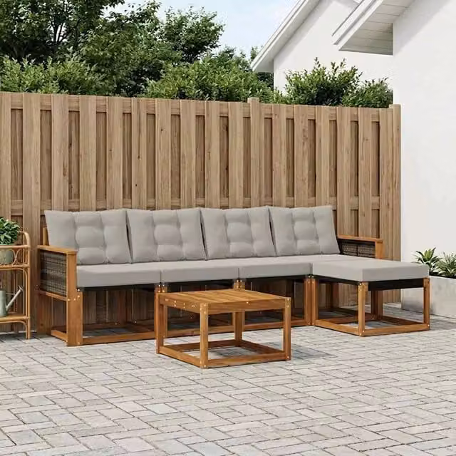 Set di mobili da giardino vidaXL composto da 6 pezzi con divano a L, pouf e tavolino da caffè in legno di acacia trattato, colore beige e grigio