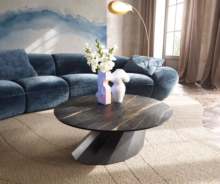 Tavolino DELIFE modello Edge, forma rotonda, 90x90 cm, piano in laminato ceramico Noir Desir, struttura in metallo Parabi color argento