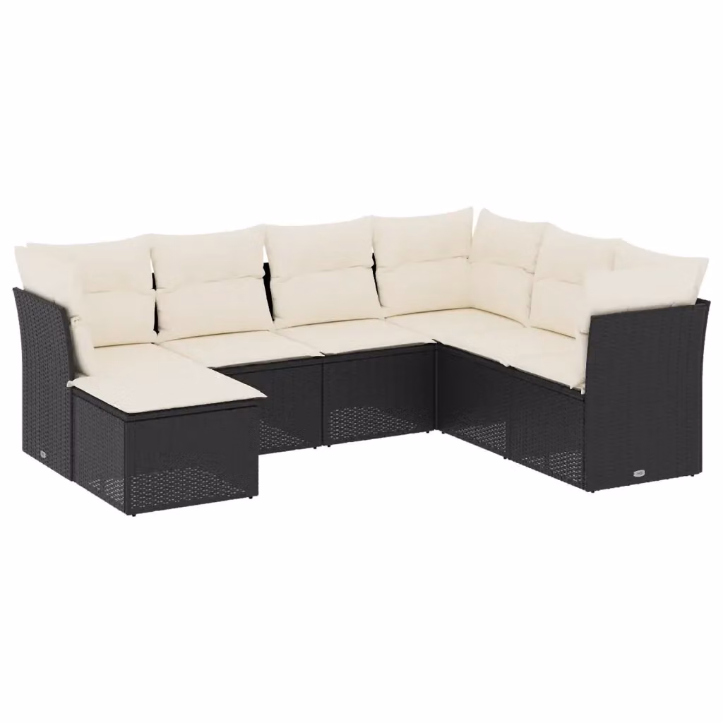 Set di divani da giardino vidaXL a forma di L con 7 pezzi, in polyrattan nero e cuscini bianchi con coperture rimovibili – 2