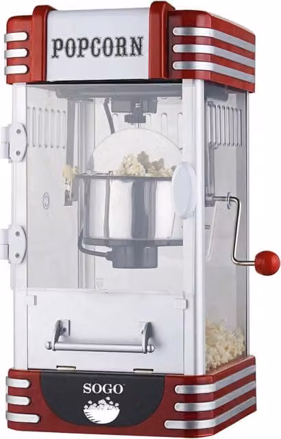 Macchina per popcorn elettrica SOGO in stile cinema retrò, colore rosso e bianco, con recipiente in acciaio inox e potenza 310W