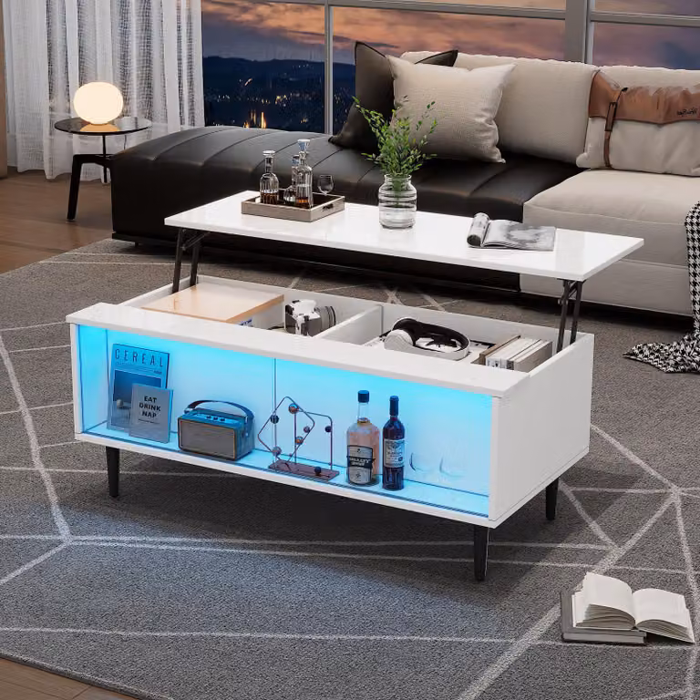 Tavolino da caffè bianco, con altezza regolabile, dotato di illuminazione LED, spazio contenitivo e piano in vetro