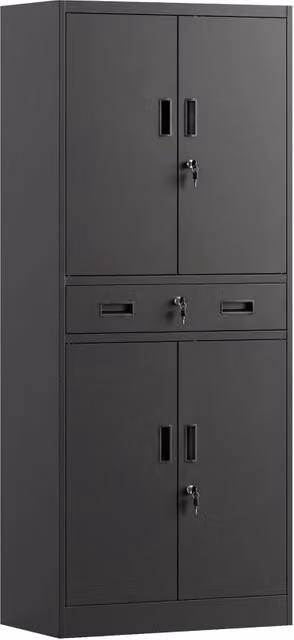 Armadio in metallo nero 180 cm, armadio per attrezzi con porte chiudibili a chiave, cassetto e ripiani regolabili