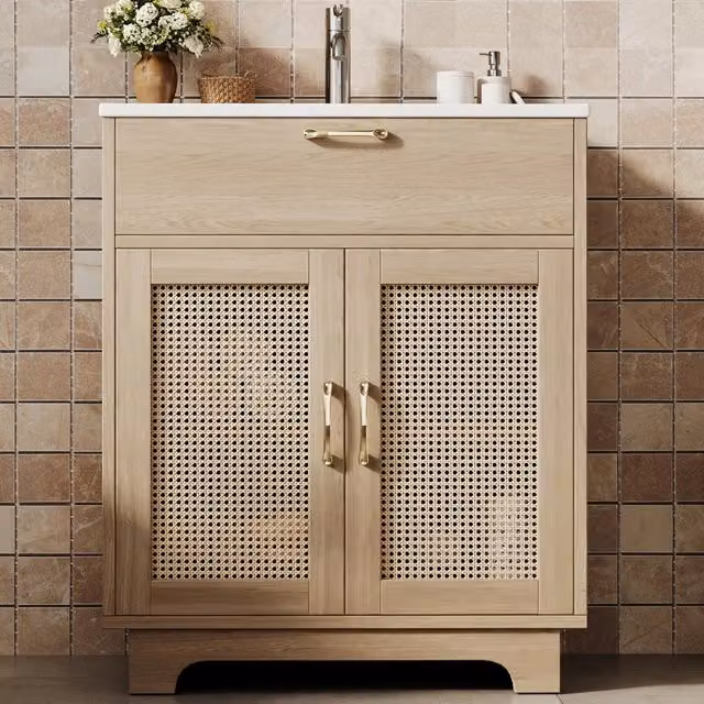 Mobile Sottolavabo con Lavabo in Ceramica ¨C MINIMAL ¨C Naturale, Ante Soft-Close, Cassetto, 76x46x88
