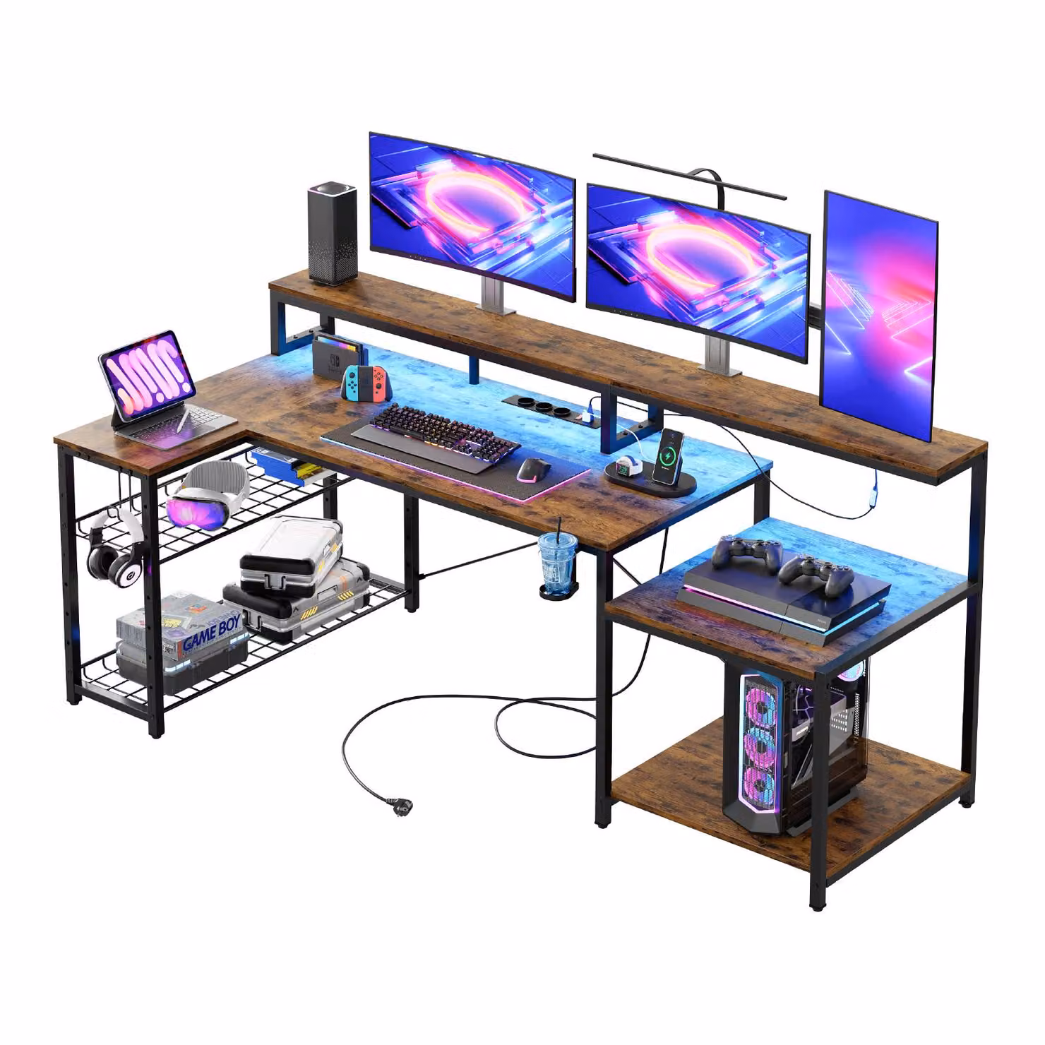 Scrivania da gioco Bestier a forma di L con LED, prese e USB, 181x80 cm, marrone