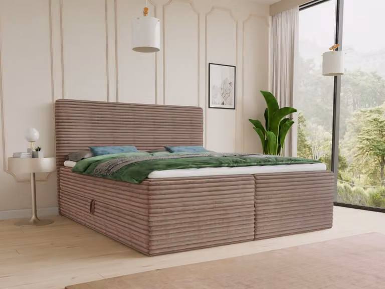 Letto boxspring Mollo con 2 cassetti, letto matrimoniale con materasso Bonell e topper, letto imbottito in morbido velluto a coste, letto, letto box, struttura letto per camera da letto (marrone (Tilia 17), 140 x 200 cm)
