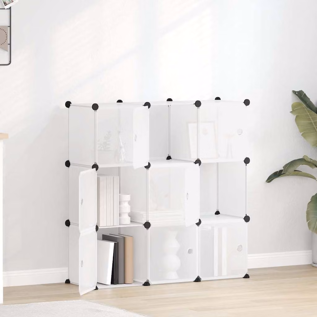 vidaXL Contenitore a Cubo Moderno con Ante in Vetro Trasparente e Struttura in Metallo e Plastica, Bianco