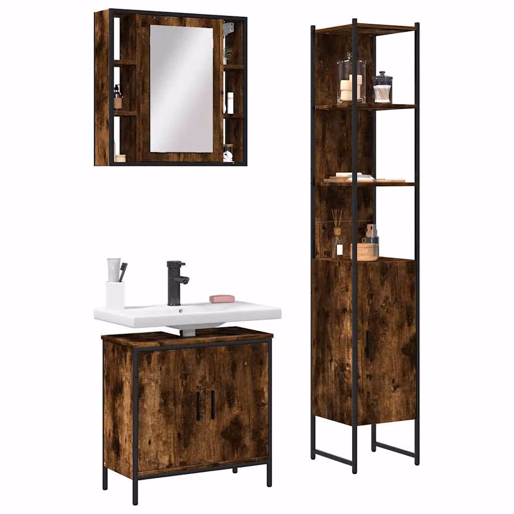 Set di mobili da bagno vidaXL 3 pezzi in stile industriale color marrone con mobile lavabo, armadietto specchio e colonna alta in legno e metallo – 1