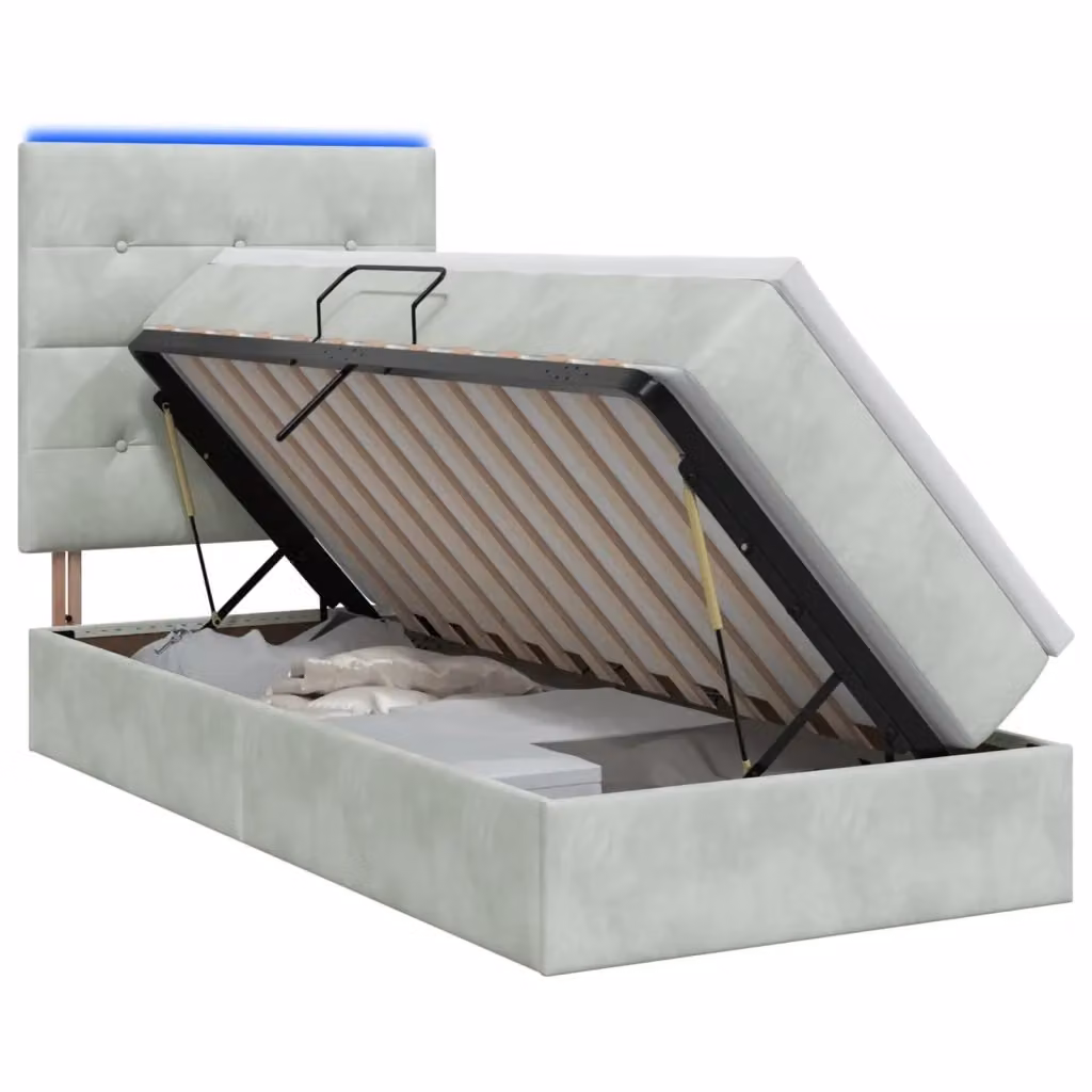 Letto con contenitore e illuminazione LED vidaXL in tessuto grigio con materasso in schiuma L/P/H: 190 x 90 x 34 cm – 2
