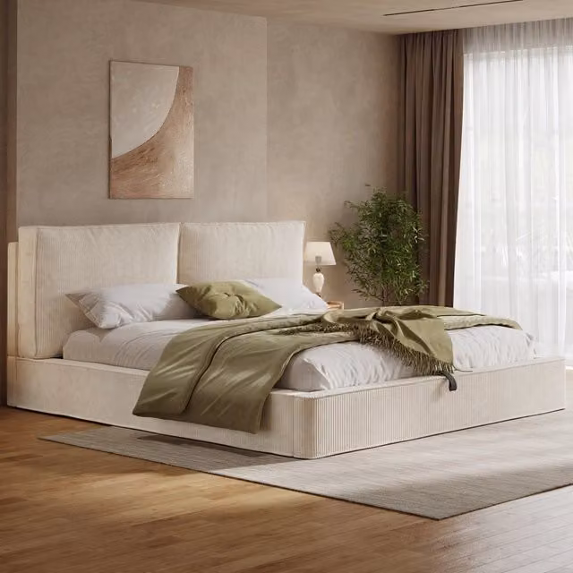 Letto contenitore matrimoniale 180 x 200 cm in velluto a coste beige, matrimoniale idraulico con testiera 13 cm, vano vano sottoletto e rete inclusa