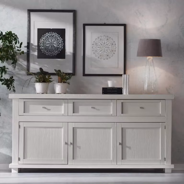 Madia credenza shabby chic in legno massello con 3 porte Mobili 2G bianco opaco L: 180 cm, P: 45 cm, H: 86 cm
