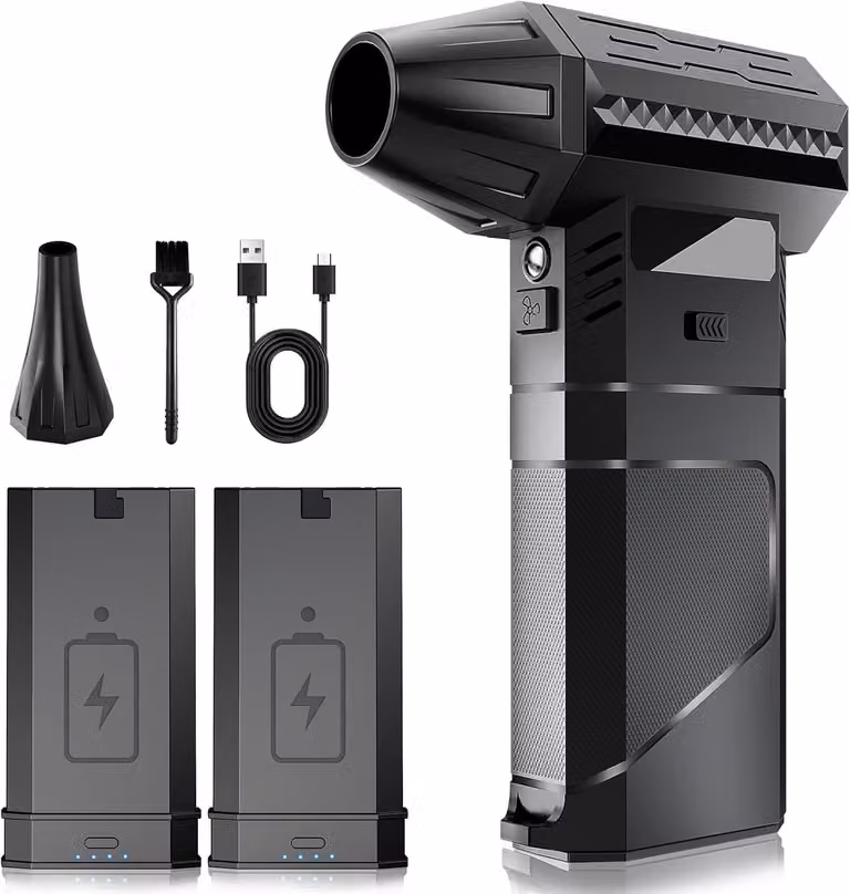Aspirapolvere elettrico per la pulizia, dotato di due batterie intercambiabili modulari, con una potenza di 220 grammi e un flusso d'aria elevato. Include anche un nebulizzatore ad aria compressa con due ugelli magnetici, una batteria da 8000 mAh e 3 velo