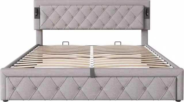 Letto matrimoniale imbottito 180x200 cm con illuminazione downlight e porta USB, sommier in legno con testiera a rombi in lino grigio, contenitore con sistema idraulico