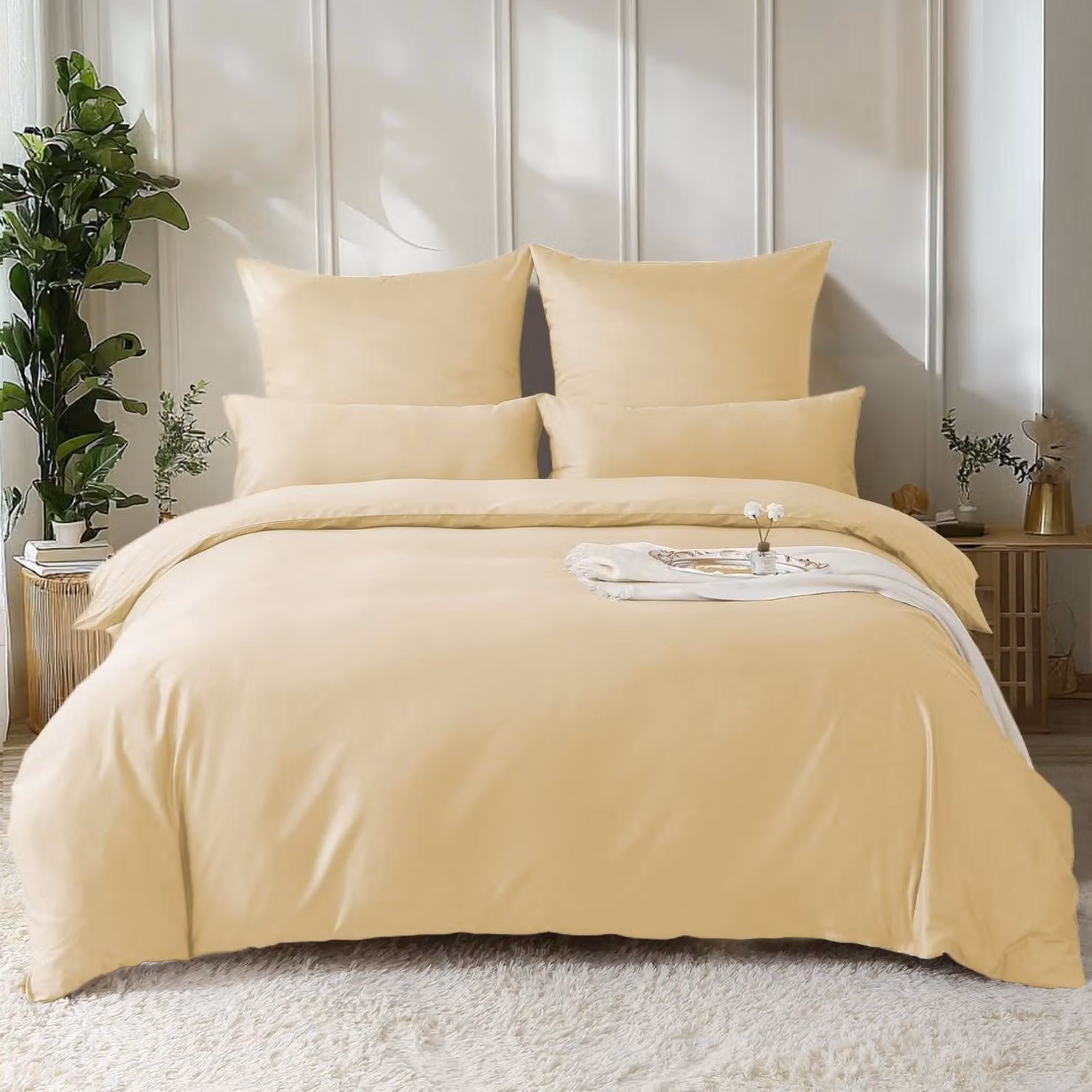 Set di lenzuola in raso di cotone, 200x200 cm, color beige scuro, 3 pezzi, effetto rinfrescante