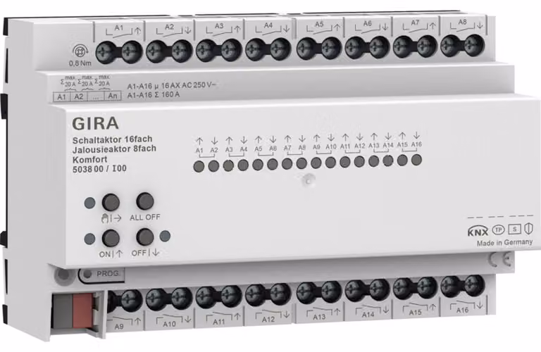 Gira KNX Secure Attuatore di commutazione comfort 16 vie / Attuatore per tapparelle 8 vie 16 A, 1 pz.
