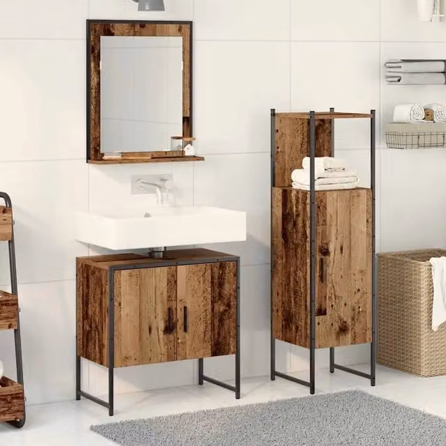 Set di mobili da bagno moderno vidaXL in legno composto da 3 pezzi, colore marrone e nero, con armadietto a muro e mobile lavabo, H x L x P: 113,5 x 60 x 33 cm