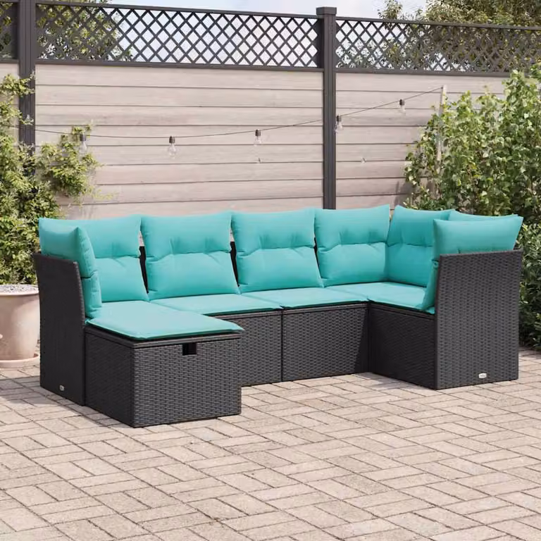 Set Divano da Giardino vidaXL a Forma di L in Polyrattan con 6 Pezzi e Cuscini, Nero