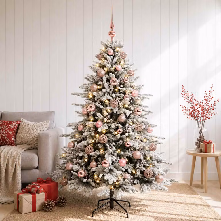 Albero di Natale artificiale vidaXL verde con 150 LED luce bianca calda e decorazioni bianche, Altezza: 150 cm