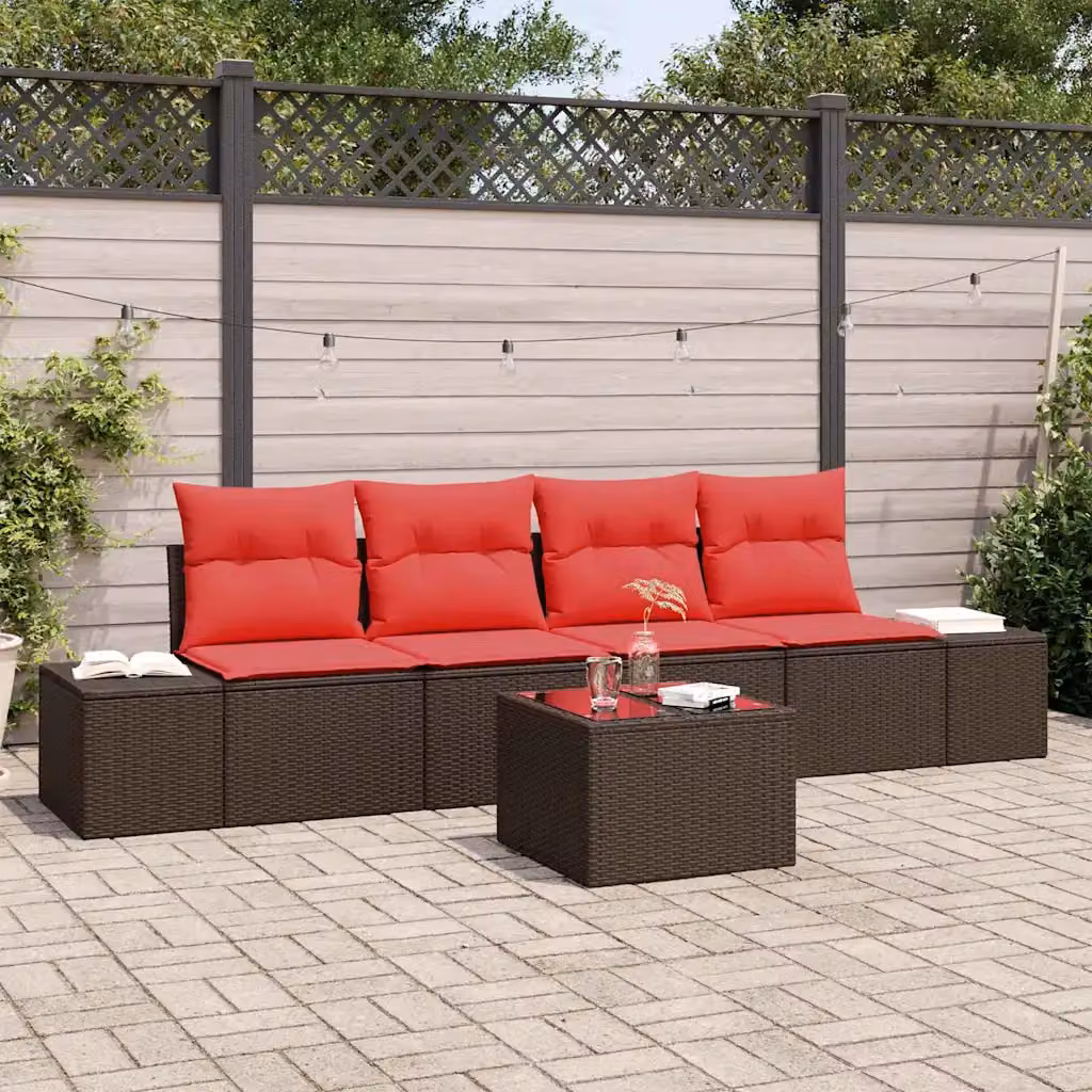 Set di divani da giardino vidaXL 5 pezzi in polyrattan marrone