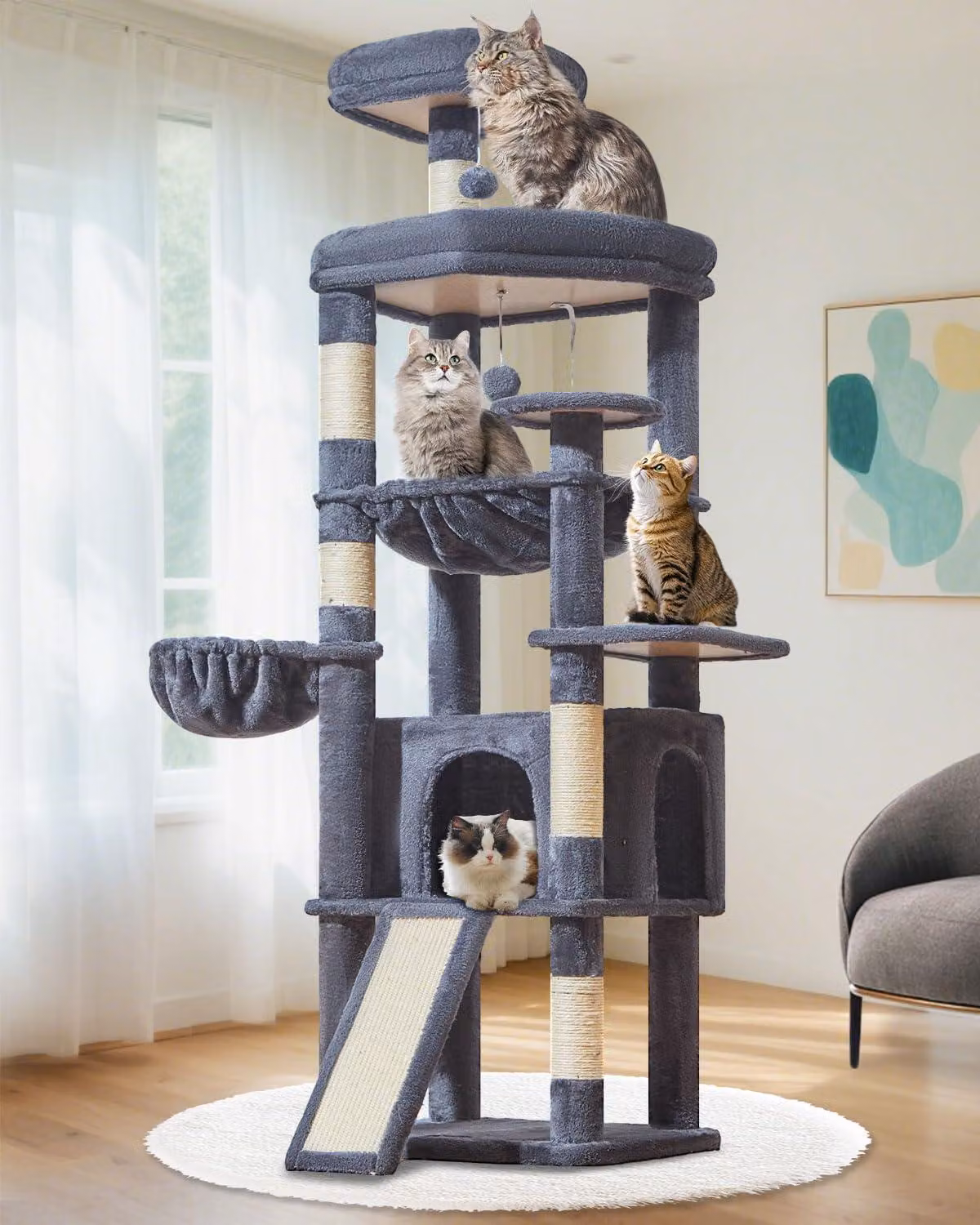 Albero per gatti di grandi dimensioni, modello XXL, altezza 183 cm, con 5 pali in sisal, una grande piattaforma, delle grotte, un'amaca e delle palline di peluche