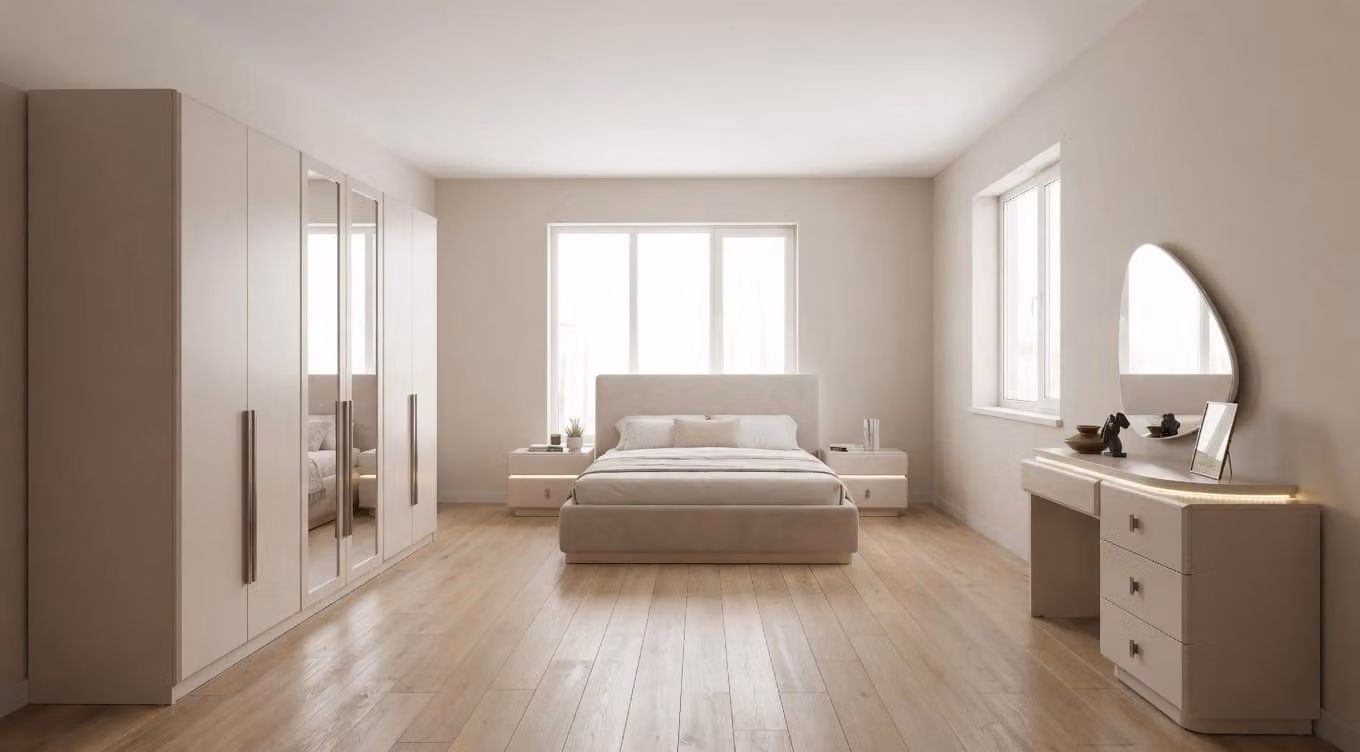 Set completo per camera da letto elegante, color beige, con armadio a 6 ante e design moderno
