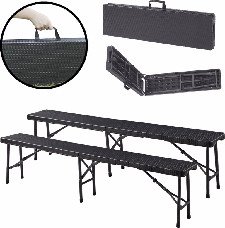 Set di panche pieghevoli 'Mark' 2 pezzi con struttura in metallo 180 x 25 x 43 cm in rattan nero