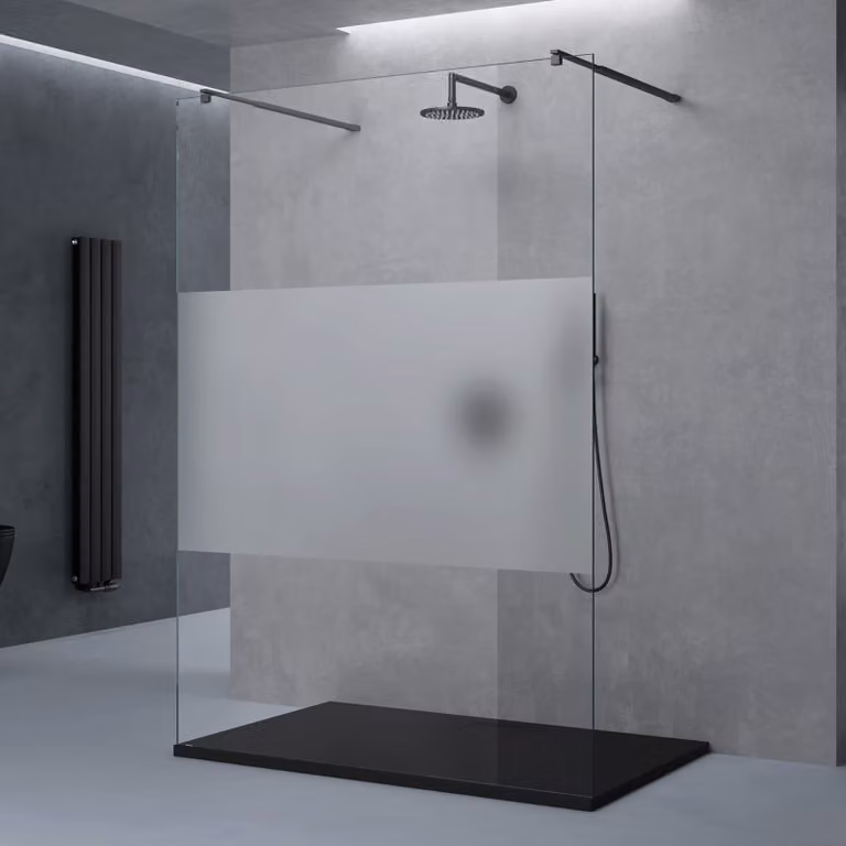 doporro Box Doccia Walk-In 100x200cm, Parete Doccia Anticalcare in Vetro Parzialmente Smerigliato 10mm con Bracci Sostegni Telescopici in Acciaio MMBR3 Nero