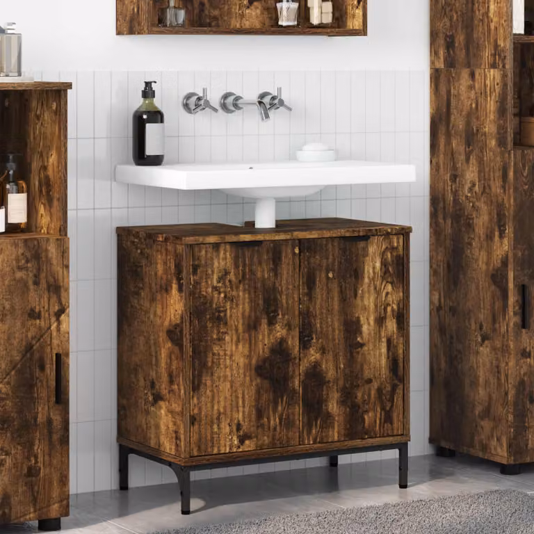 Armadio per lavabo da bagno vidaXL in rovere fumé con ante a battente, L 60,5 cm x P 33,5 cm x H 61 cm