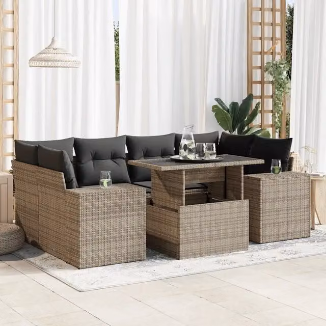 Set Divani da Giardino 7 pz con Cuscini Grigio in Polyrattan 3326751