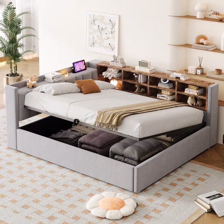 Letto imbottito 140x200 cm con spazio contenitore a sollevamento idraulico, luce notturna, porte USB e di tipo C, ripiani e vani contenitori, e testiera imbottita