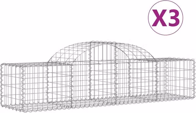 Set di 3 Cesti Gabbioni ad Arco in Acciaio Zincato Argento L: 200 cm, P: 50 cm, H: 40/60 cm