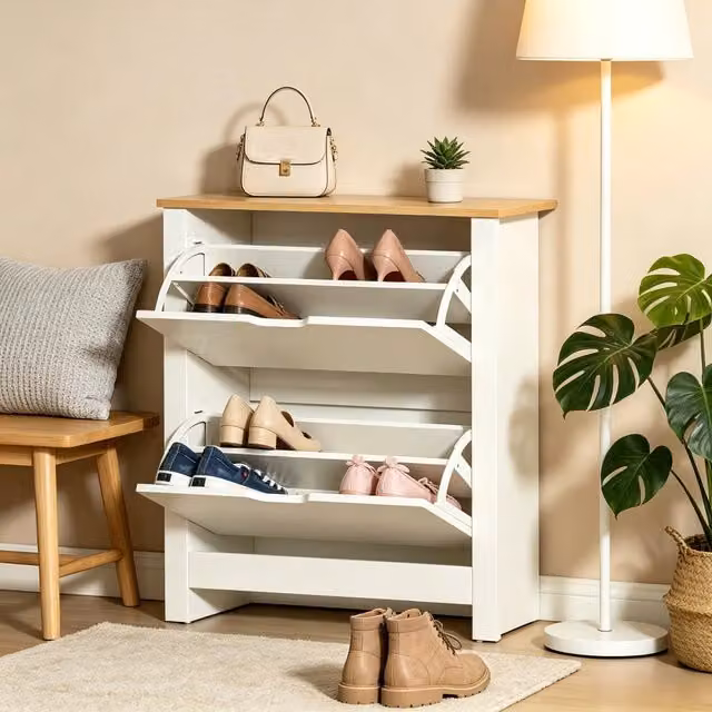 Scarpiera moderna Mivray con 2 ante a ribalta e ripiani interni, finitura opaca bianco e rovere, L: 72 cm, P: 26 cm, H: 80 cm
