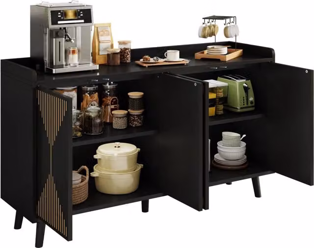 Credenza 140x40x84 cm Nera con 4 Ante, Ripiani Regolabili, Vano Aperto e Sistema Antiribaltamento