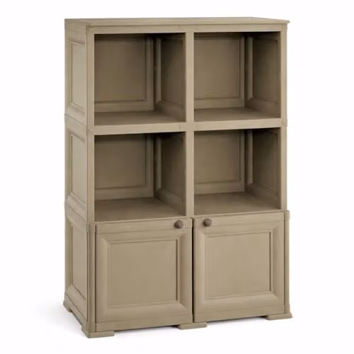MA MAISON Armadio Contenitore in Plastica con Ripiani Aperti e Ante – Mobile Multiuso Effetto Legno per Organizzazione Casa 79x43x125 cm (Taupe)