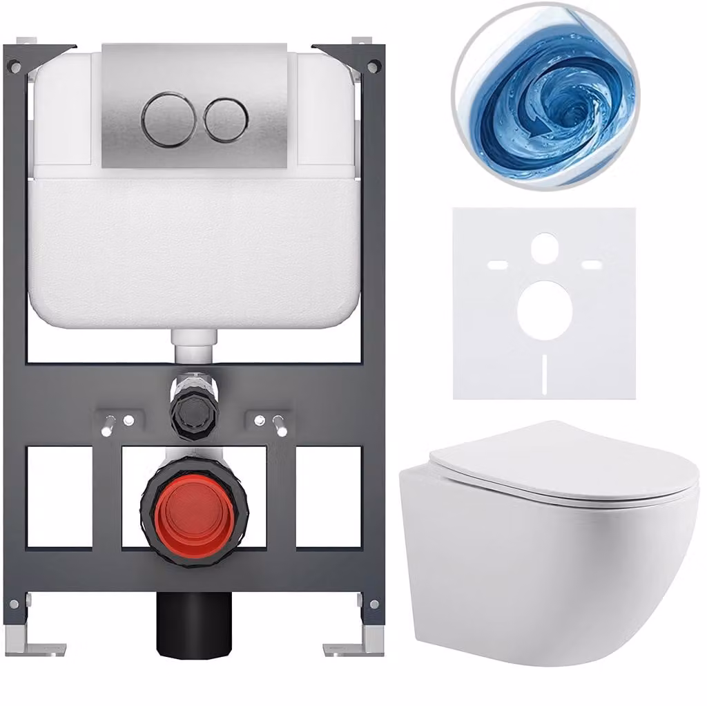 CERANO - Set WC da incasso Cesso - bianco opaco - pulsante Prime/Dualo, argento - sospeso - modulo basso - installazione a parete/cartongesso - 49x36 cm