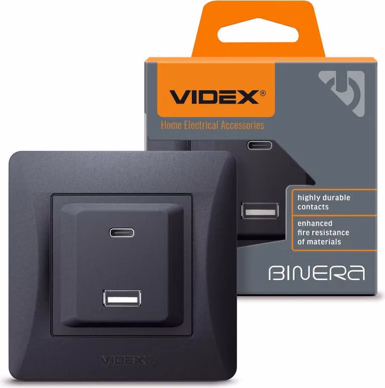 Videx Binera 16A PD 20W USB-A + USB-C presa da incasso, nero e grafite