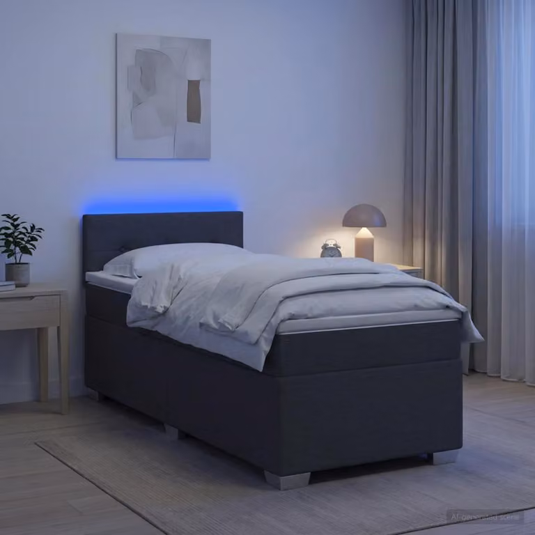 Letto a molle con materasso e illuminazione LED, colore grigio scuro, rivestito in tessuto, modello singolo