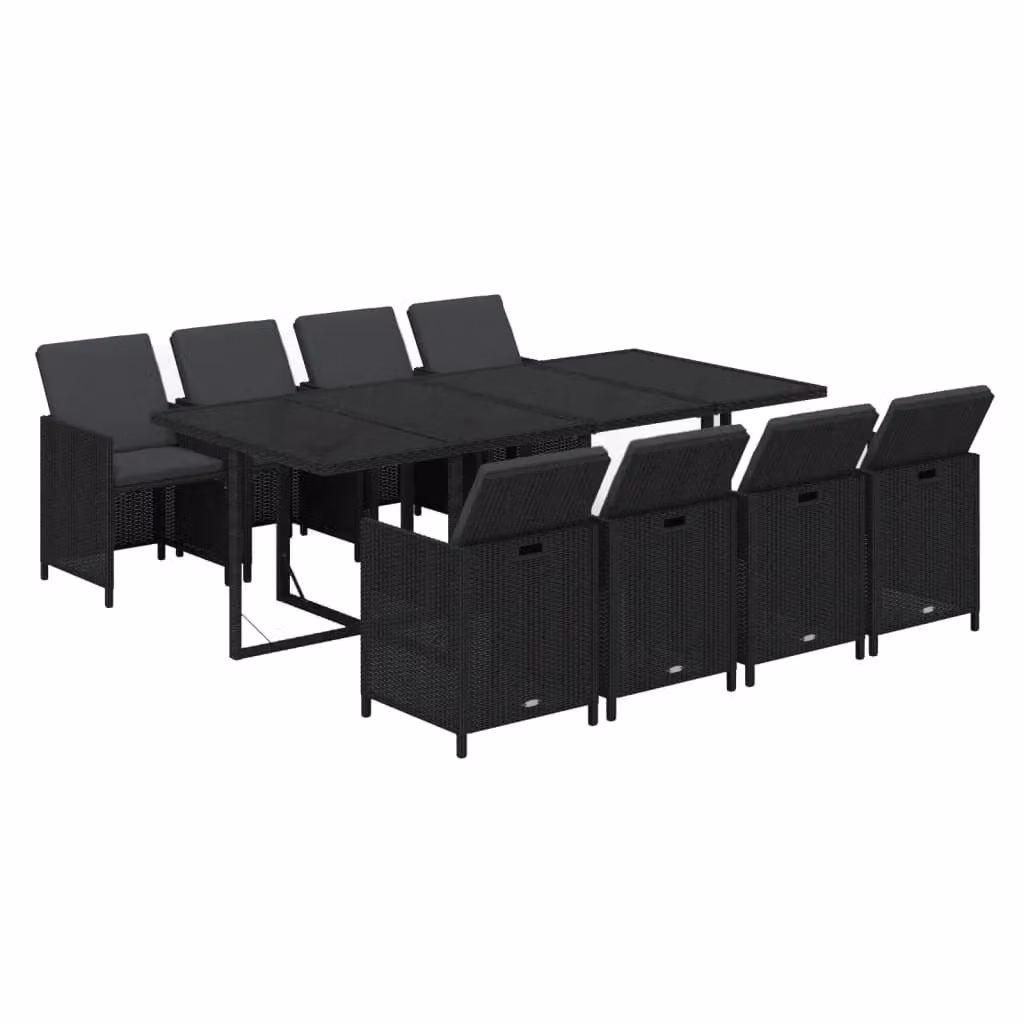 Set da pranzo da esterno moderno in polyrattan nero con tavolo rettangolare in vetro estensibile e 9 pezzi inclusi cuscini – 2