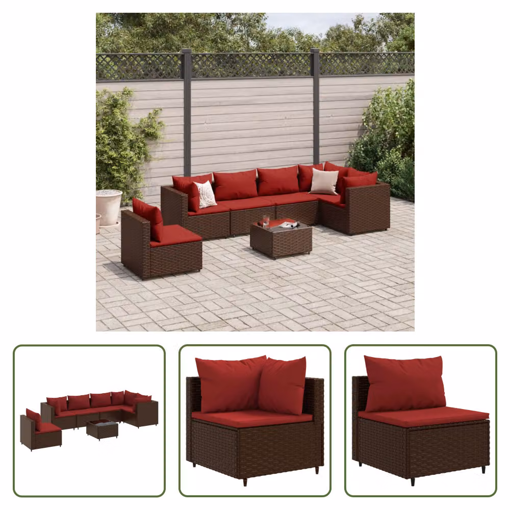 The Living Store Set da salotto da giardino 7 pezzi con cuscini in poly rattan marrone