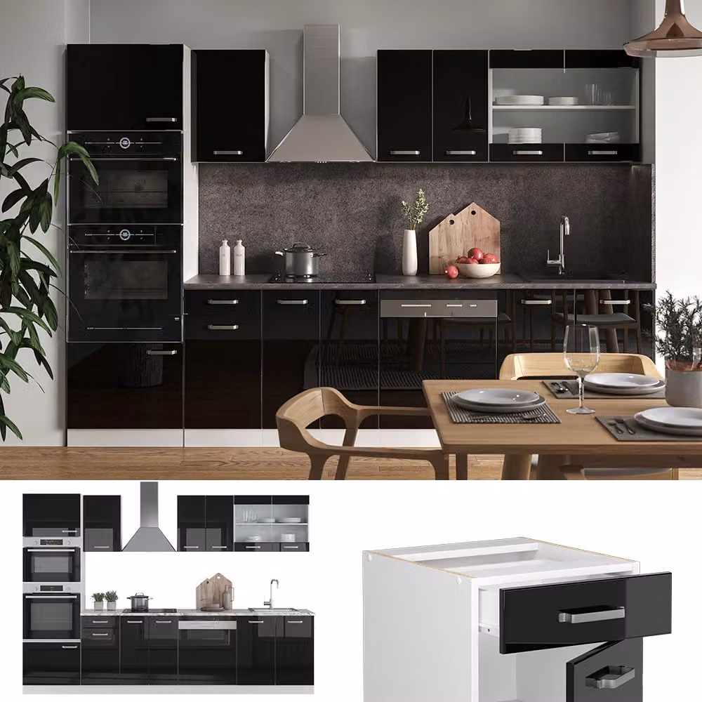 Cucina componibile moderna Vicco R-Line Nero lucido e Bianco con armadio alto, L: 300 cm – 2