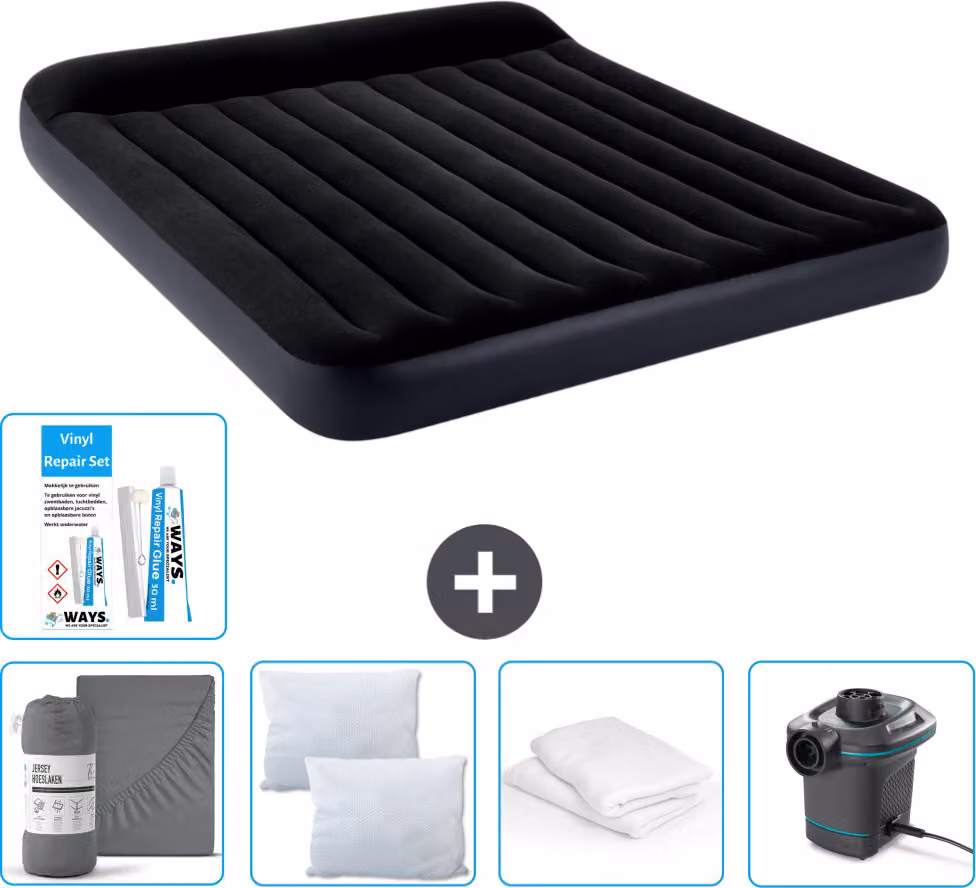 Lettino Intex - 2 persone - 183 x 203 x 25 cm - Blu scuro - Consegna inclusa Lenzuolo di ricambio - Bacio - Pompa - Set di riparazione e protezione per il cuscino