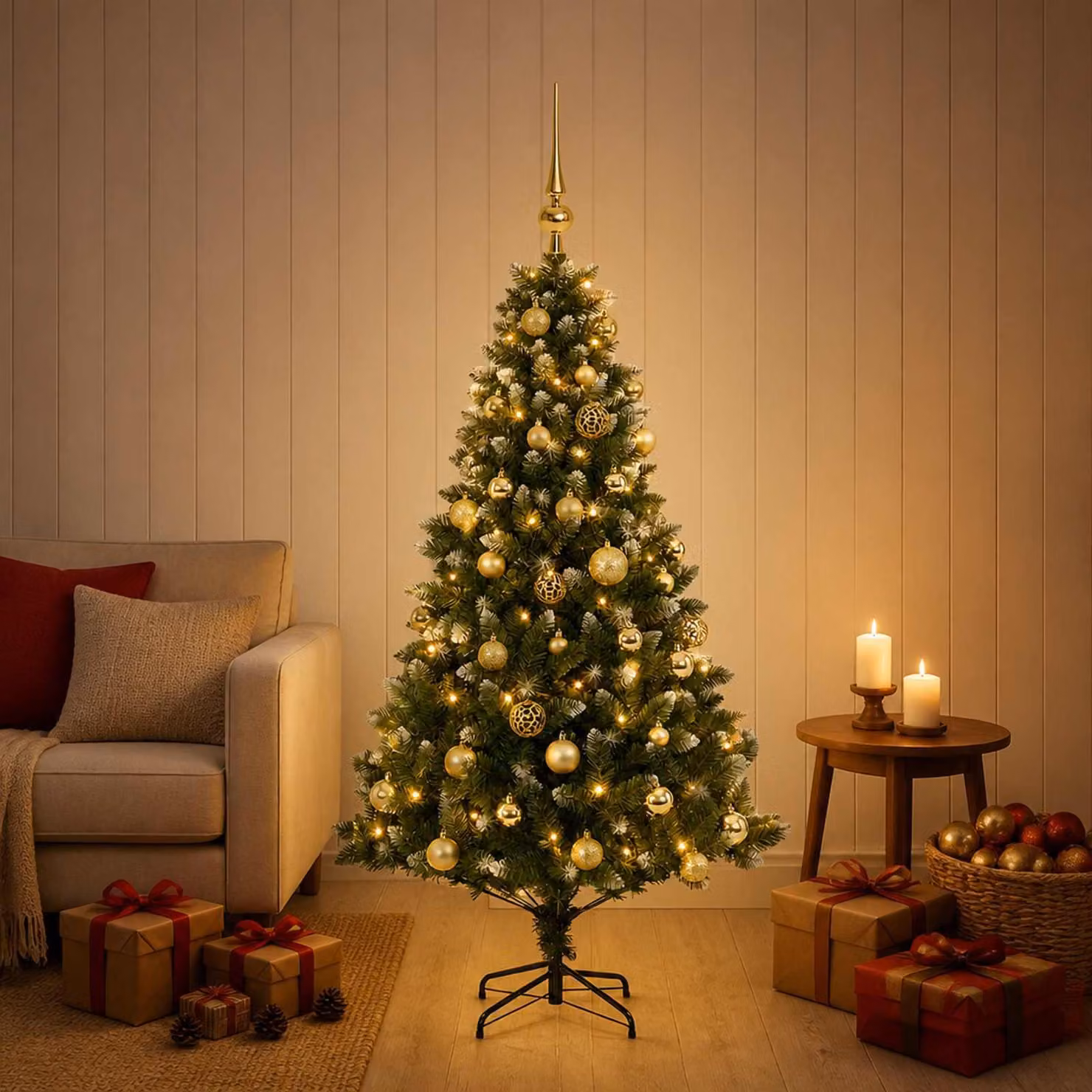 Albero di Natale artificiale con decorazioni a sfera, altezza 120 cm, 150 luci LED